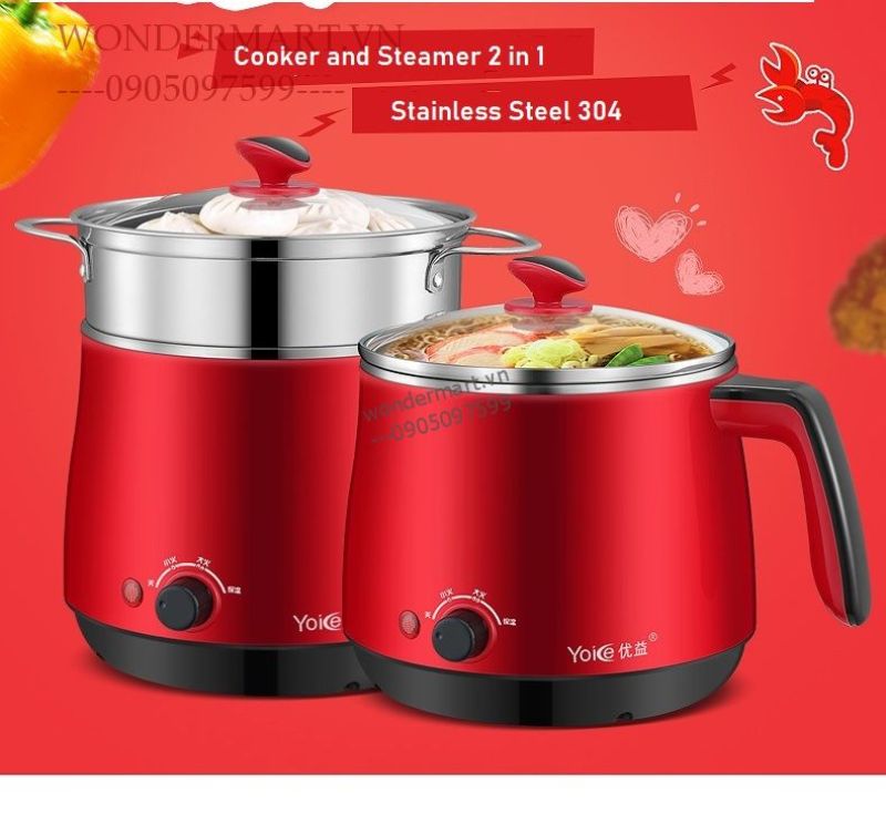 Nồi nấu đa năng Yoice 1.5L kèm xửng hấp inox (trắng kem)
