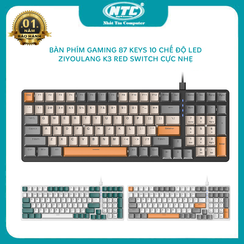 Bàn phím cơ red switch gaming ZIYOULANG K3 loại 87 KEYS - led đa màu 10 chế độ tuỳ chỉnh - Nhất Tín Computer