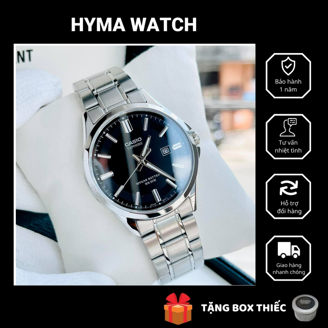 Đồng hồ nam dây thép mặt đen Casio MTS 100D-1AV kính Sapphire -  Pin 10 năm Bảo hành 1 năm Hyma watch