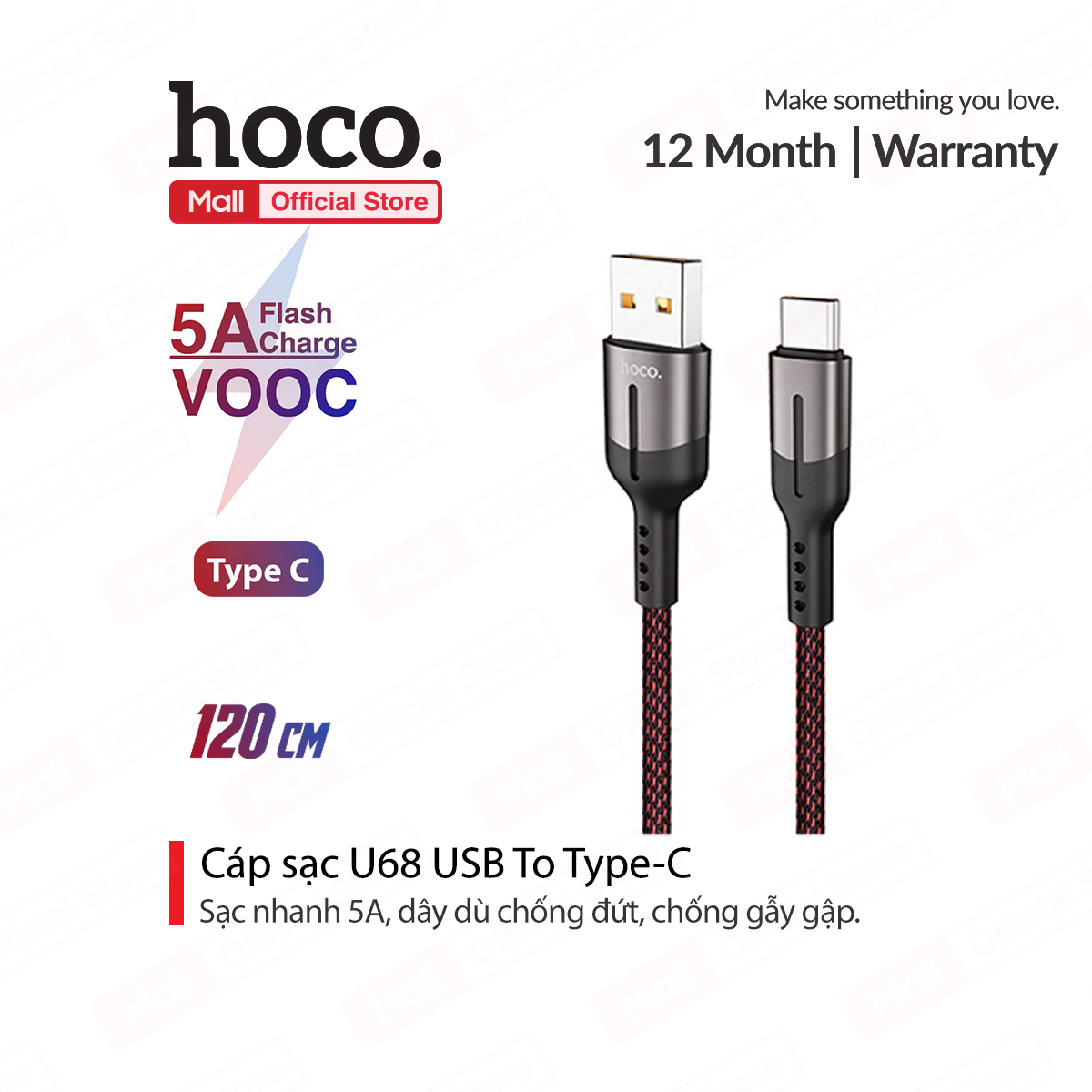Cáp Sạc Hoco U68 Type-C Hỗ trợ sạc nhanh 5A - 22W cho điện thoại di động Huawei OPPO One Plus PD 18W Q.C 3.0 dây dù chống đứt dài 120cm