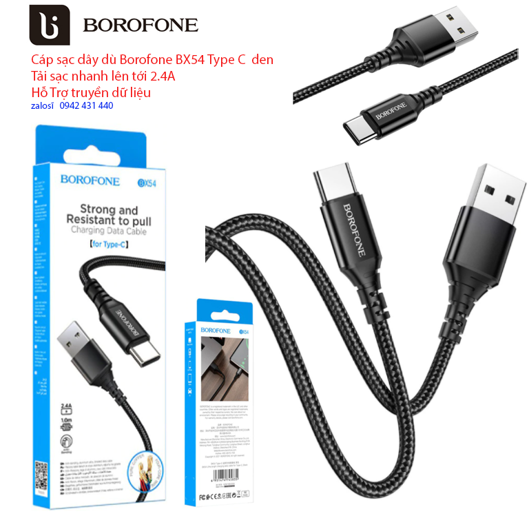 Cáp sạc dây dù Borofone BX54 Type C 2.4A  dài 1m