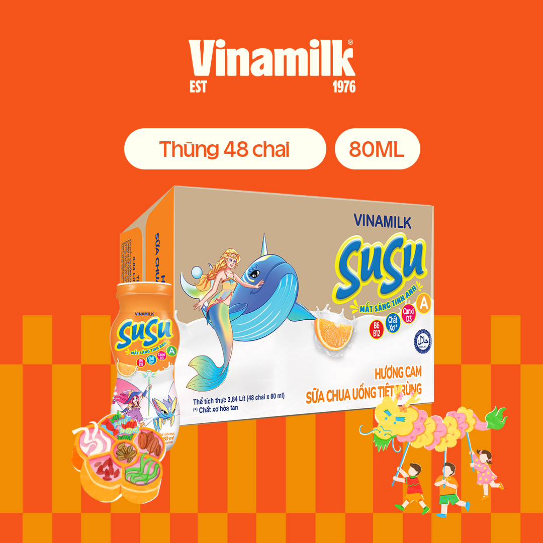 2 Thùng Sữa chua uống SuSu IQ Hương Cam chai x 80ml - 48 chai/Thùng