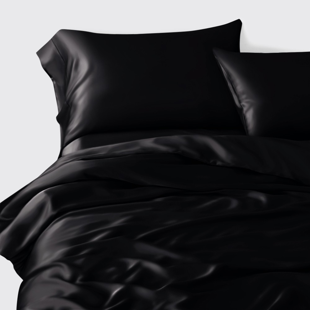 ( Lụa Loại 1) Bộ 4 Món Ga Gối Phi Lụa Màu Đen Cao Cấp Mềm Mại Lan Pham Bedding
