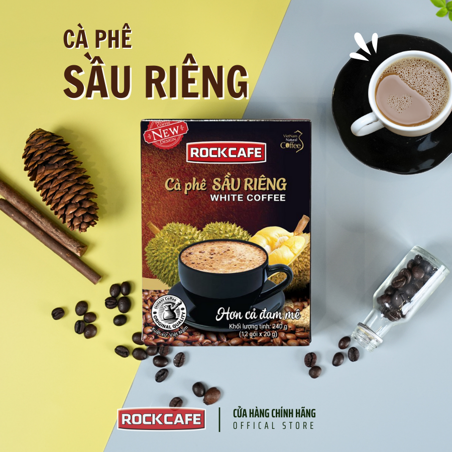 RockCafe - Cà phê hòa tan 3 trong 1 - Vị sầu riêng độc đáo - Thơm ngon - Đậm vị - Hộp 12 gói x 20gr