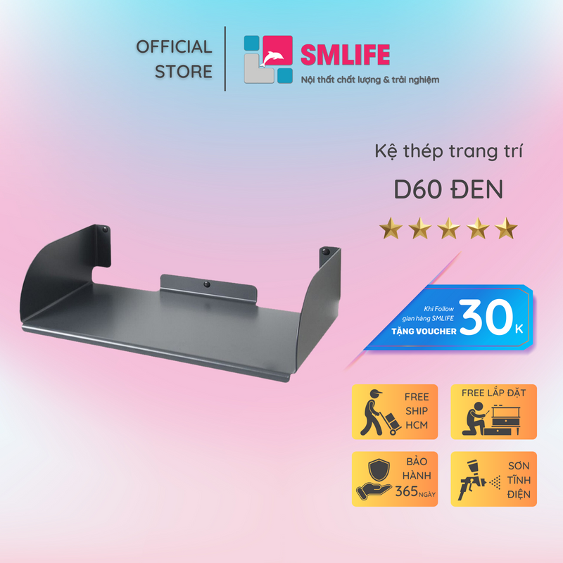 Kệ sách treo tường chữ D 60 - Kệ treo tường bằng thép dày 1,6mm - Sơn tĩnh điện màu Trắng/ Đen hiện đại - Tặng kèm bộ ốc vít và đầu bịt ốc
