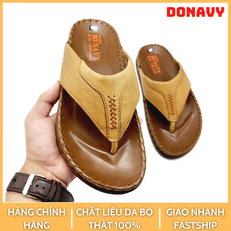 Dép Kẹp Nam Da Bò Thật 100% Donavy Cao Cấp May Quai Dấu X Phong Cách Hợp