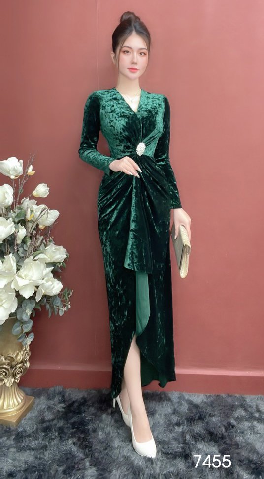 Đầm emy em7455 body nhung xanh