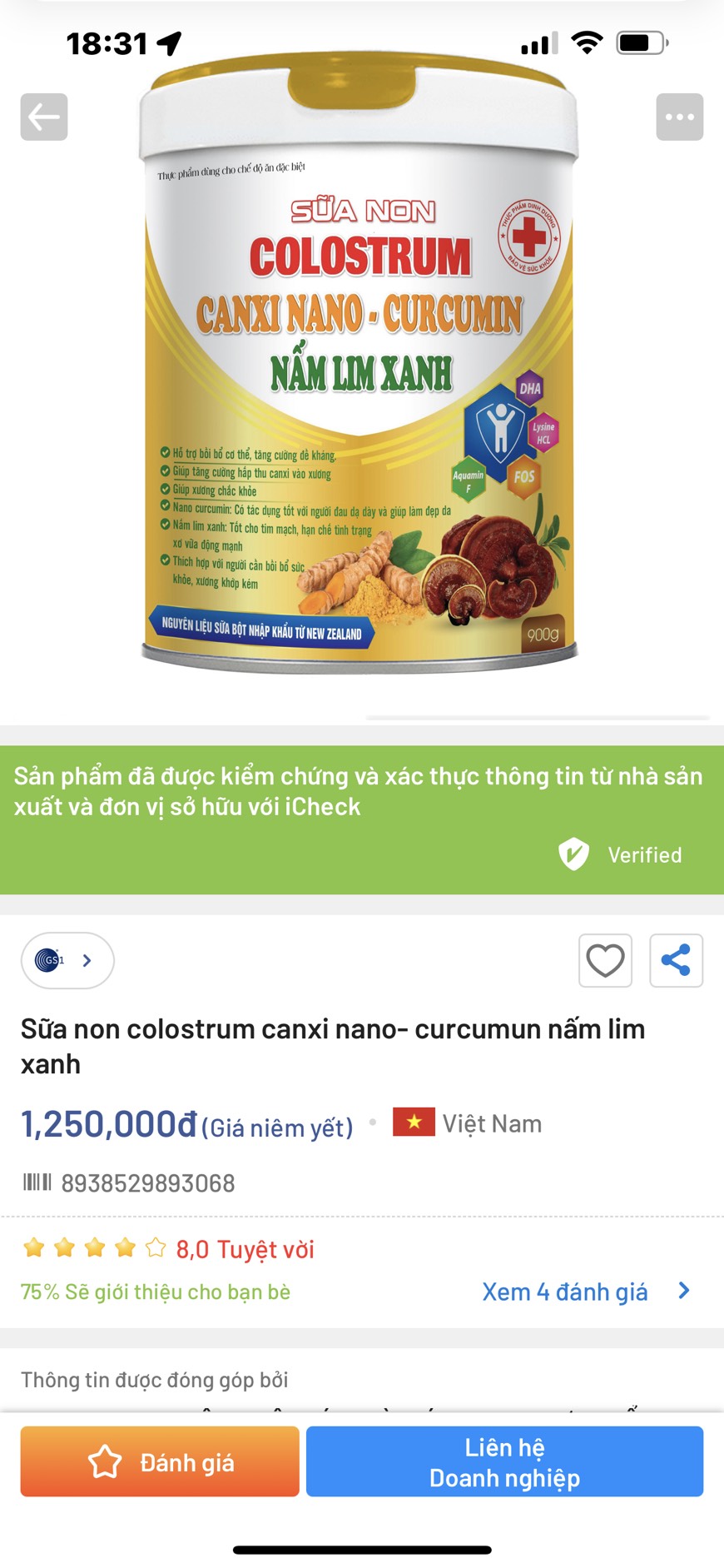 [Combo 3hộp 900gr, HSD 2027] Sữa NON COLOSTRUM-CANXI NANO-NẤM LIM XANH