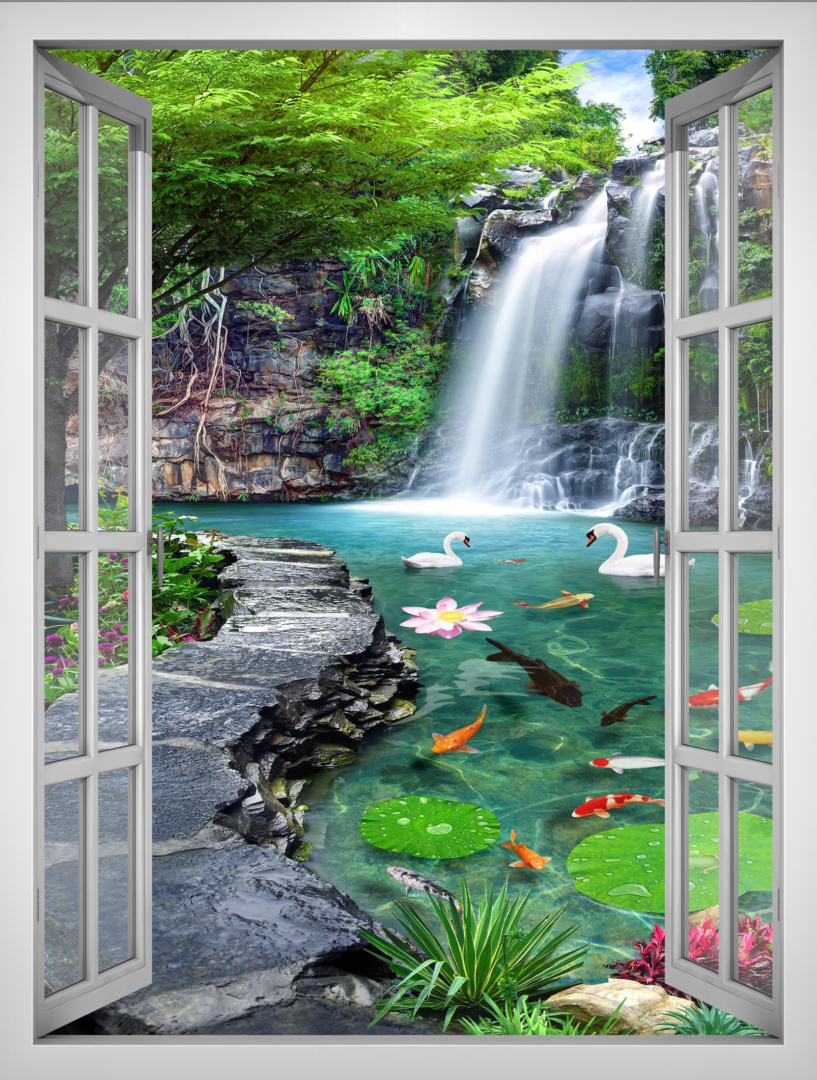 Tranh dán tường cửa sổ khổ dọc VTC Cảnh đẹp thiên nhiên VT0403-D Kim sa