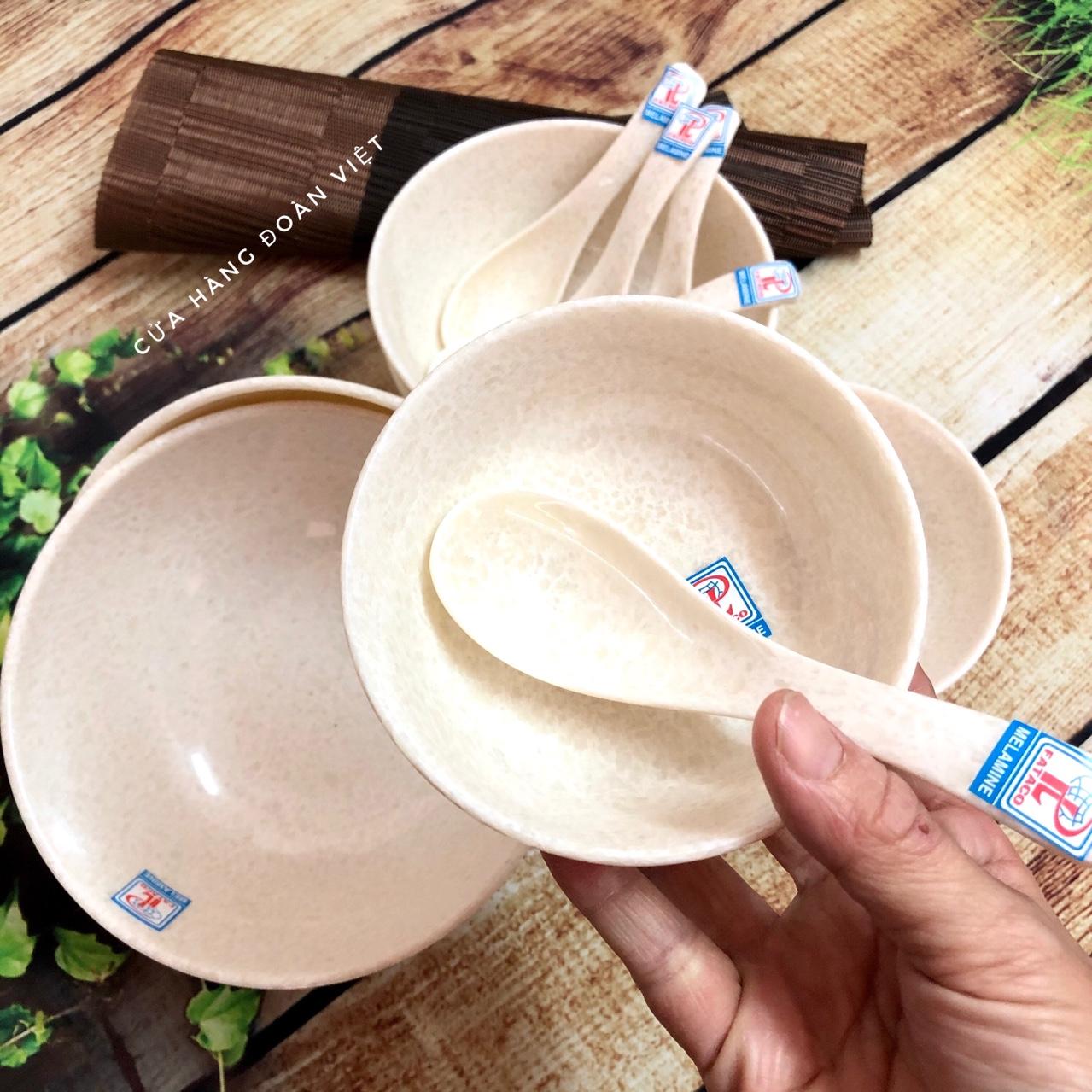 Tô, Chén Melamine - Combo Tô, Chén, Muỗng  Melamine Vân Đá Cao Cấp