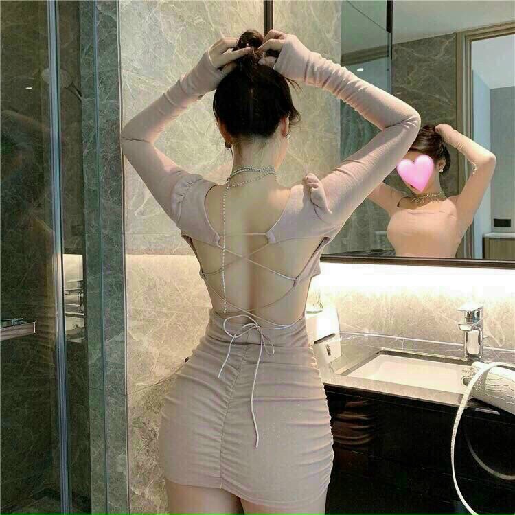 Đầm body đan dây lưng tay dài siêu xinh cho các nàng qc