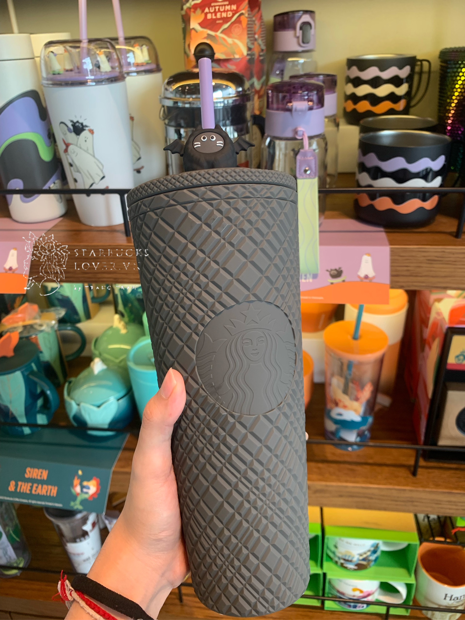 |chính hãng| ly starbucks plastic grey jewel with kitten bat topper size khủng 710ml