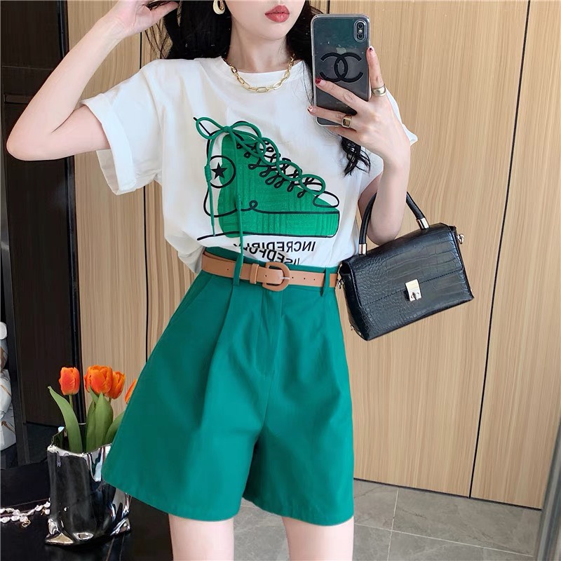 Set Bộ Đồ Nữ Áo Thun Giày + Nịt + Quần Lửng Xanh [ Kèm Video ]