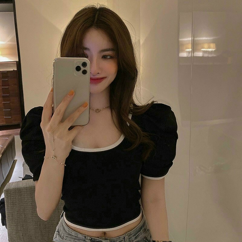 [MIỄN PHÍ VẬN CHUYỂN] - Áo Thun Gân Nữ Ôm Body Tay Phồng Phối Bo Viền Siêu Xinh Xắn