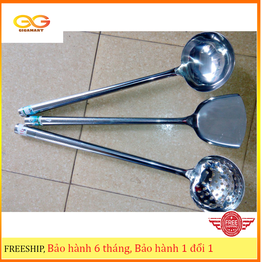 Bộ 3 muôi canh, xẻng xào, xẻng lật inox size đại dành cho bếp ăn tập thể, nhà hàng, khách sạn- Gigamart