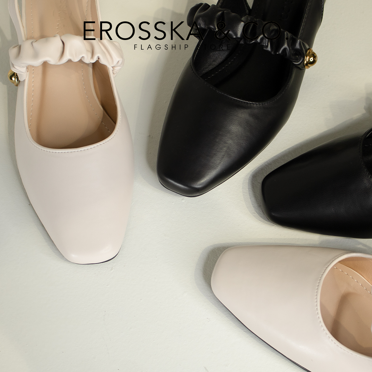 Giày cao gót Erosska quai ngang nhún ngọc cài hậu cao 3cm màu đen _ EL024