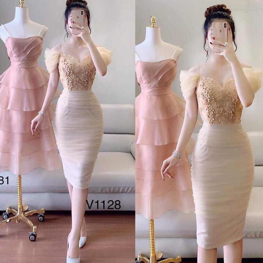 đầm nhún lưới phối ren đính kim sa