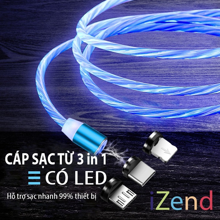 Cáp sạc led nam châm và 3 đầu sạc Lightning, Micro USB, Type C,