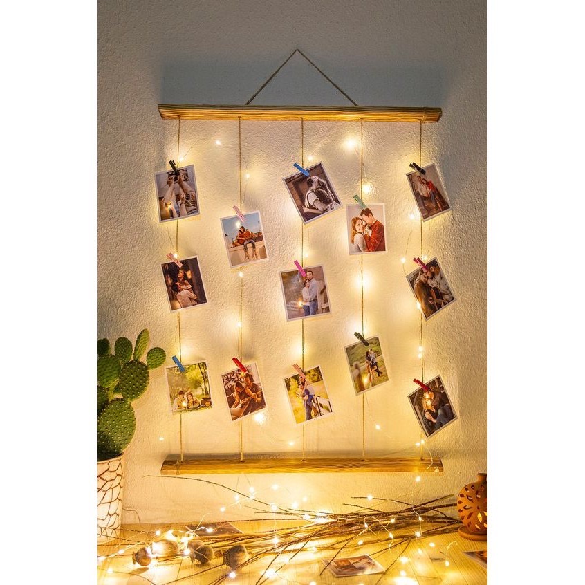 Khung gỗ gắn ảnh decor, khung gỗ treo ảnh trang trí tặng 10 kẹp gỗ (chưa bao gồm đèn led)