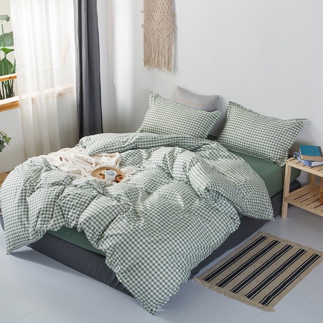 Bộ Drap & Chăn Phao Cotton Poly Kẻ Caro Xanh Lá