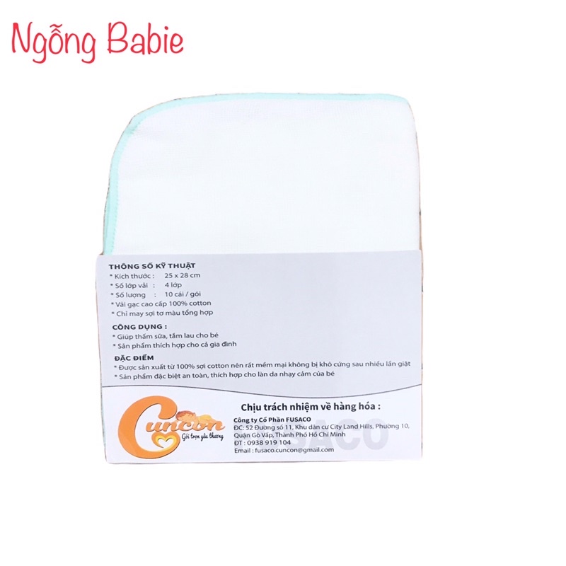 KHĂN SỮA 4 LỚP CHO BÉ, BO VIỀN KÍN - CUNCON [SET 10C]