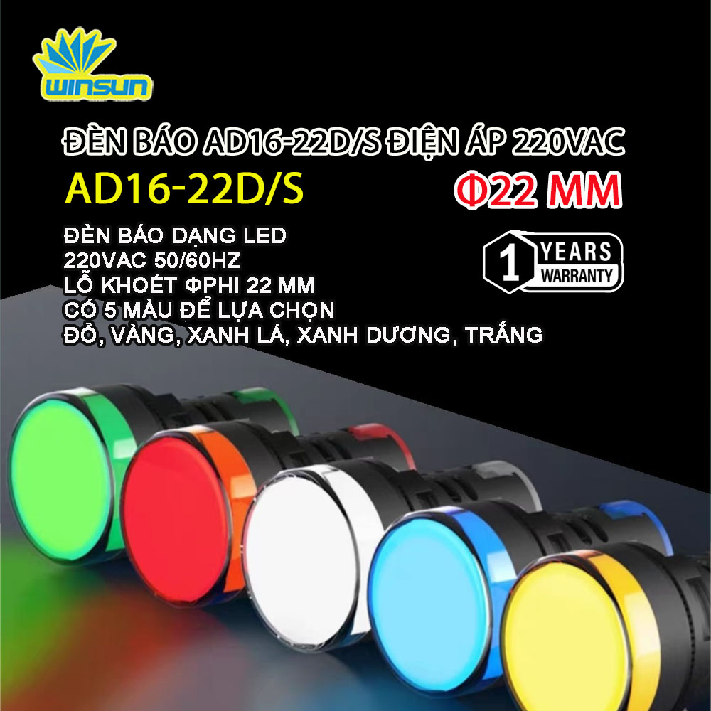 Đèn báo pha phi 22, báo nguồn phi 220V - AD16 5 Màu Winsun