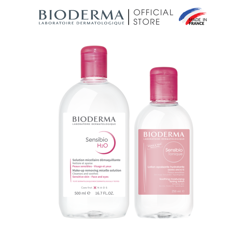 Bộ đôi nước tẩy trang làm sạch micellar cho da nhạy cảm Bioderma Sensibio H2O 500ml và dung dịch cân bằng, dưỡng ẩm 250ml giá rẻ