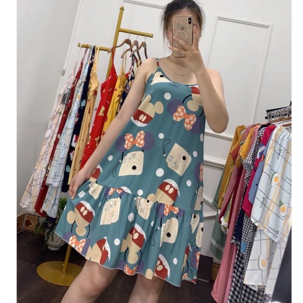 Váy bầu 2 dây dễ thương, chất lanh mềm mát, mặc nhà, mặc ngủ thoải mái -