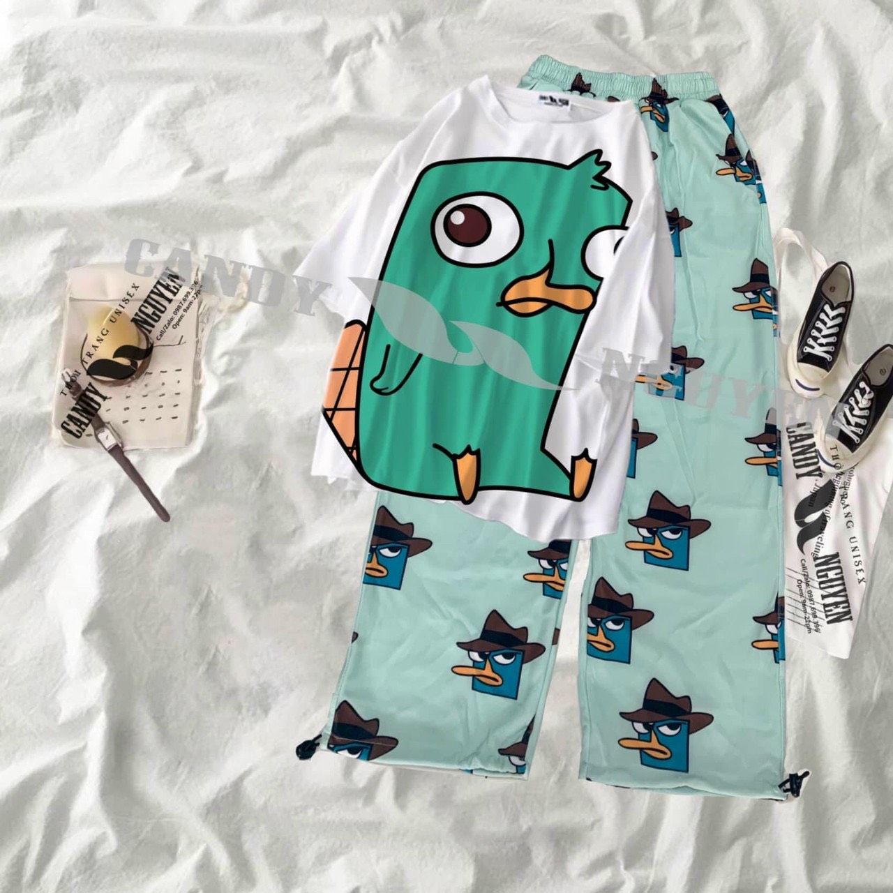 Sét bộ thun in hình thú mỏ vịt perry siêu cute TTSLA0429