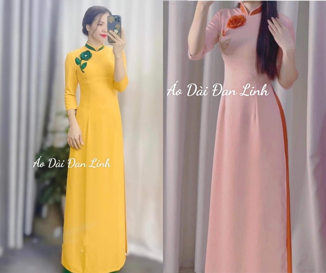 Áo dài lụa đính hoa may né cổ cách điệu - Áo Dài Đan Linh