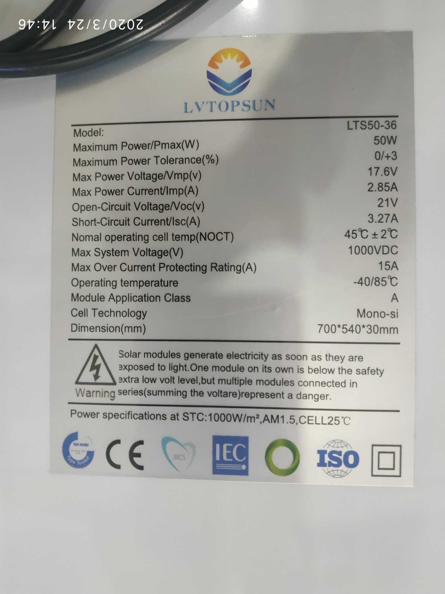 Tấm thu năng lượng mặt trời 50W mono