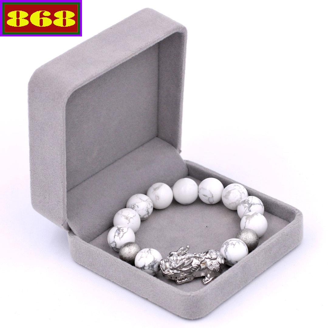 Vòng tay tỳ hưu inox trắng - chuỗi đá howlite 14 ly vhwlthhbt14 hộp nhung - chuỗi tay size lớn