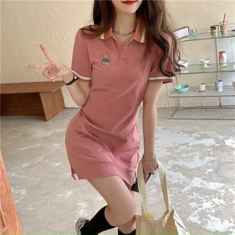 Váy polo tay ngắn thêu gấu, đầm váy polo dáng suông đi chơi dạo phố capnhatxuhuong