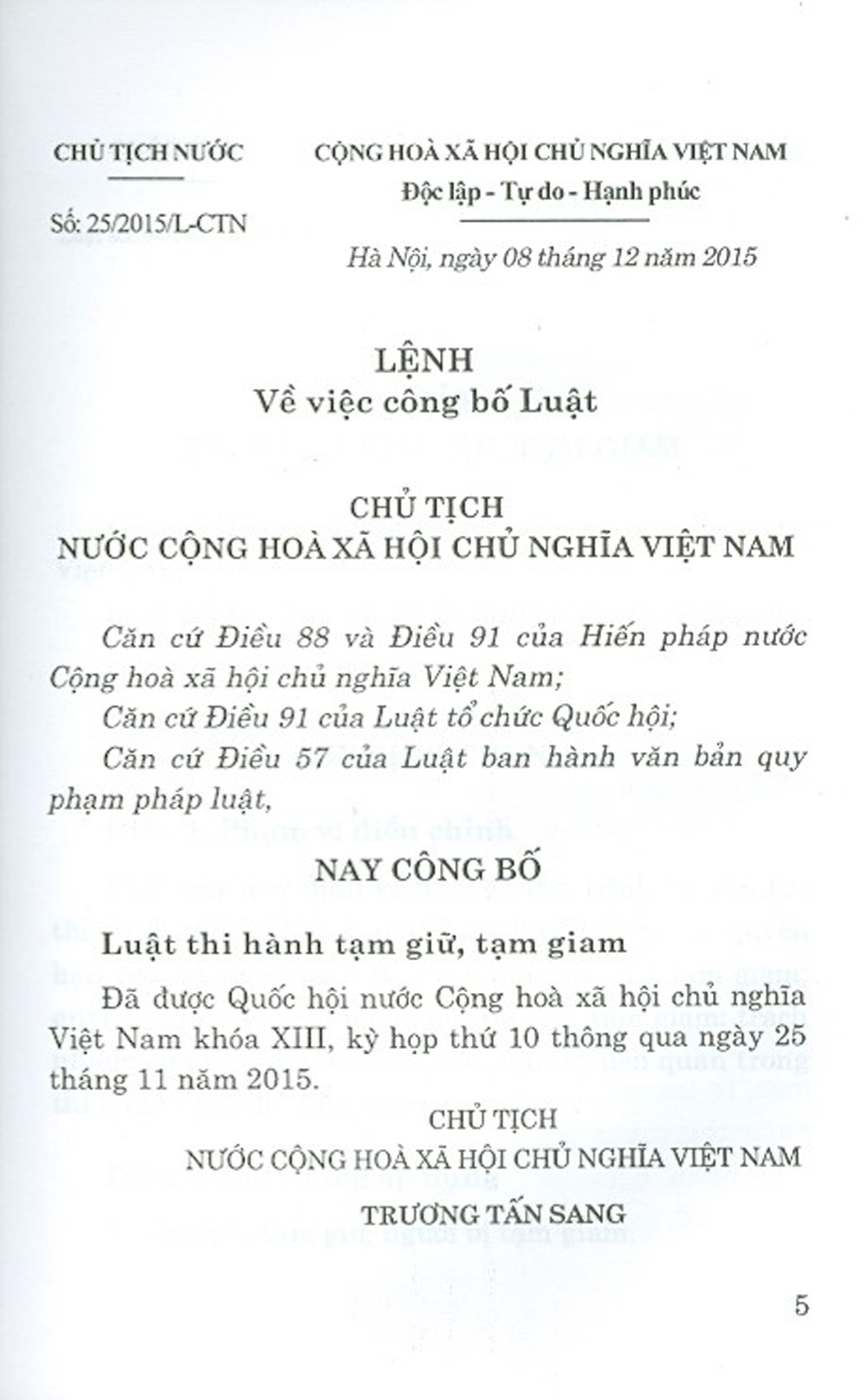 " Luật Thi Hành Tạm Giữ, Tạm Giam (Hiện Hành)"