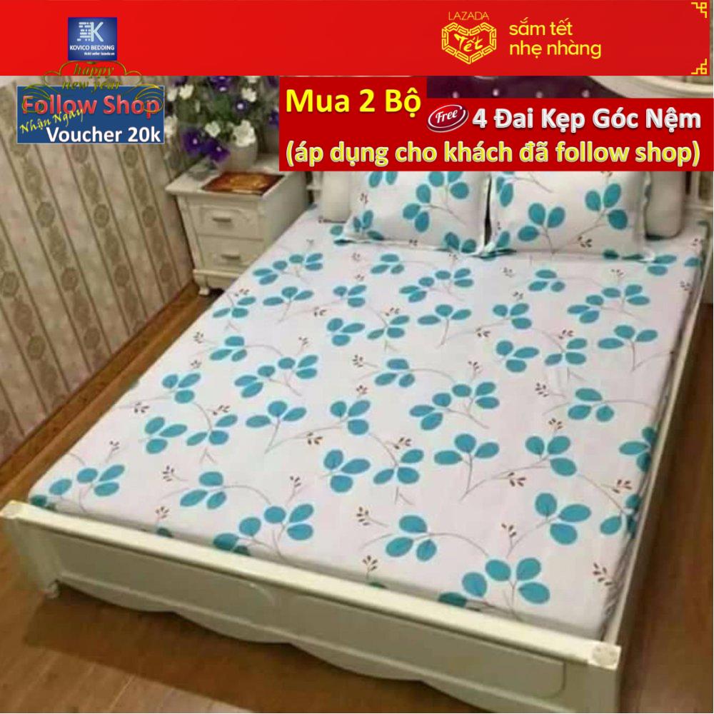 (FreeShip MAX) Bộ Ga Gối Bọc poly Kovico Cỏ 3 lá PLC 160x200