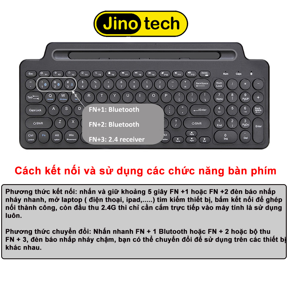 Bàn phím không dây 2 chế độ bluetooth và 2.4GHZ JINOTECH BK569s cho máy tính, điện thoại, table, PC , bàn phím văn phòng