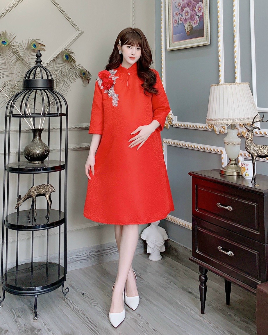 Mua Đầm bầu, váy bầu thiết kế rớt vai cách điệu cho bầu diện tết V555 - L  tại Shop Bầu Coca | Tiki