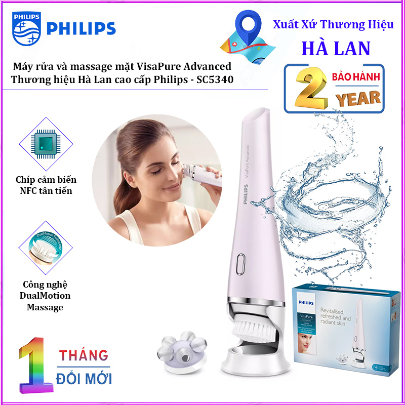 Máy rửa và massage mặt VisaPure Advanced cao cấp. Thương hiệu Hà Lan Philips - SC5340