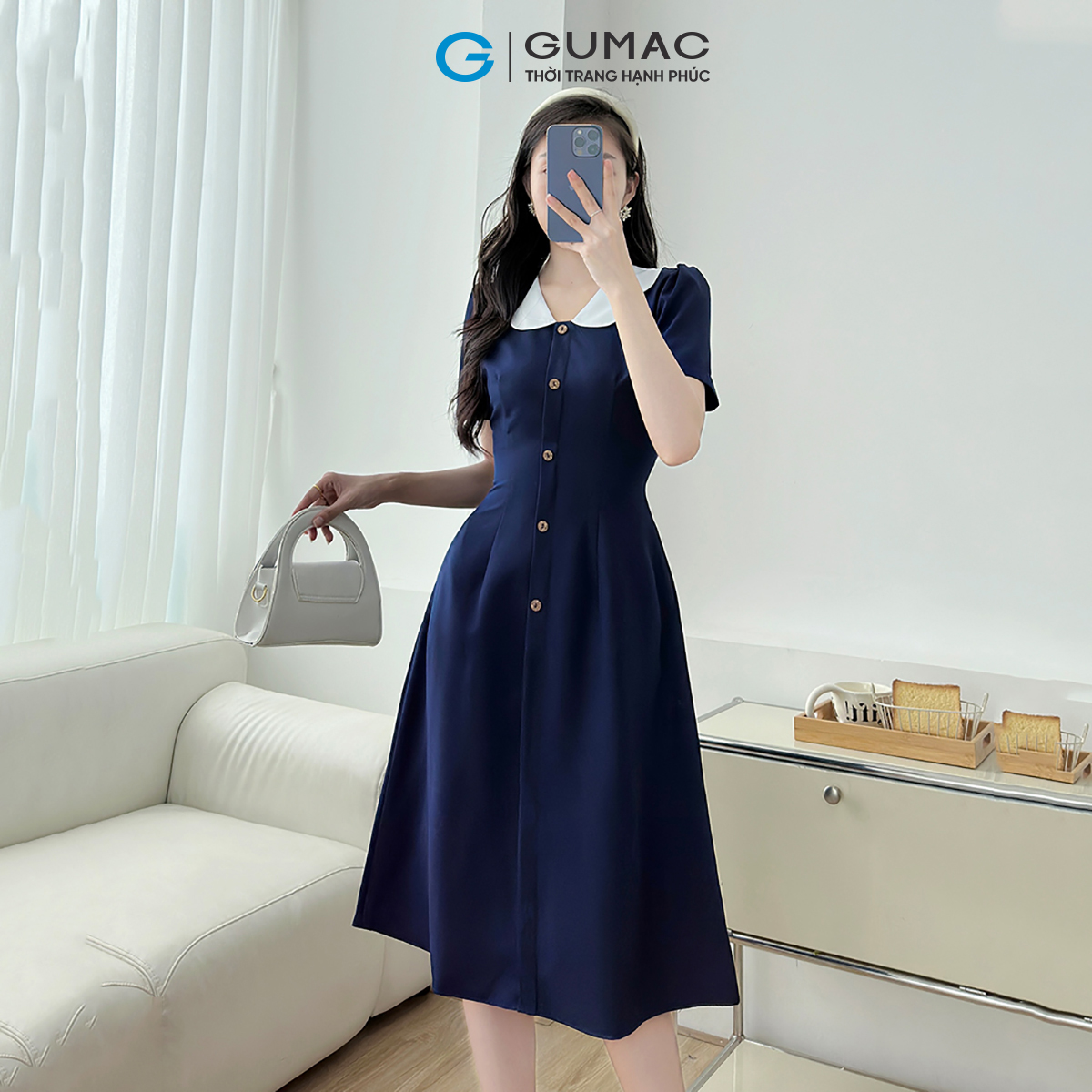 [MUA 2 GIẢM THÊM 50K] Đầm Dáng A Nữ GUMAC Váy Công Sở Phối Bâu Trắng Dáng Dài Qua Gối LDD1214