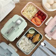 Hộp đựng cơm văn phòng lúa mạch 3 ngăn tặng kèm thìa đũa inox