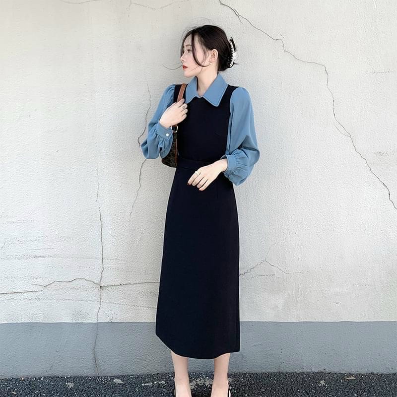 Đầm đen phối xanh tay dài