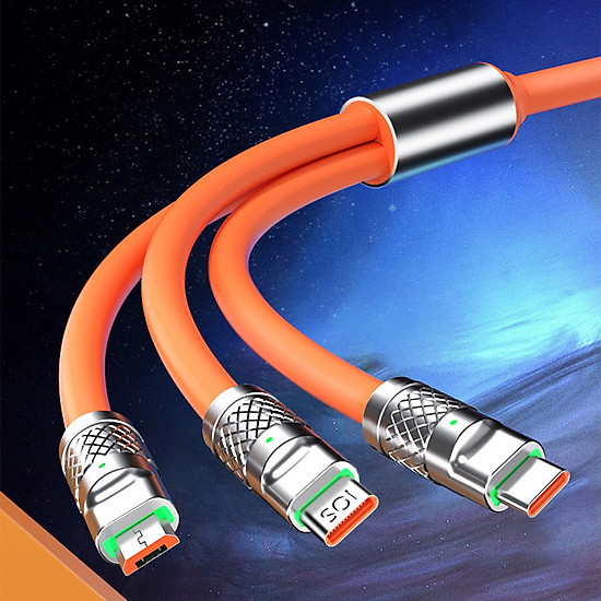 Dây Cáp 3 Đầu Sạc Nhanh 120W 6A Cổng Micro USB type C Bằng silicon Cho iPhone Android.