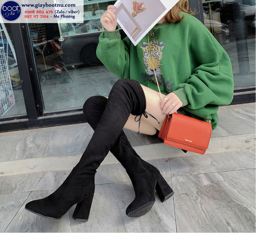 Boot nữ cổ cao gót vuông ngang đùi da lộn GCC0802