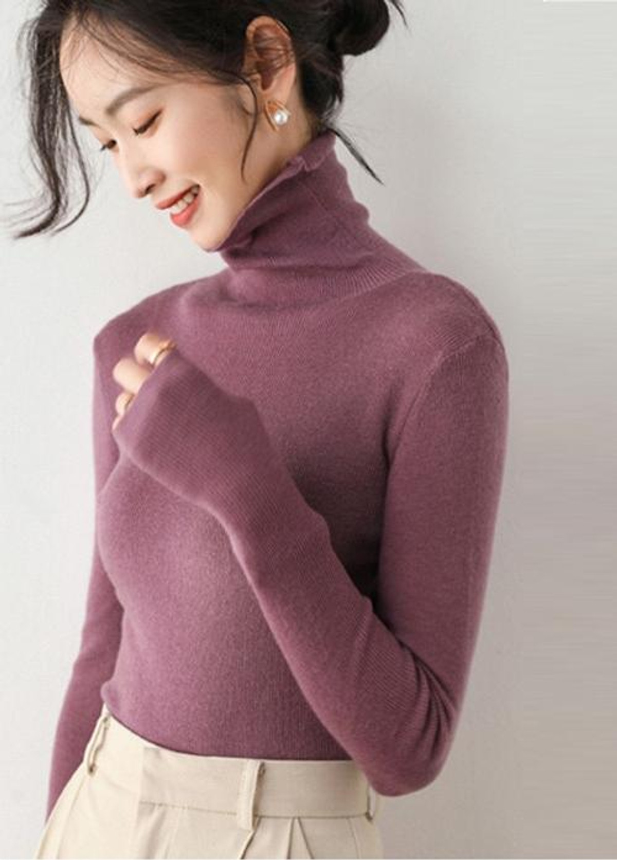 Áo Len Cao Cổ Nữ SLINEN (Nâu Sẫm, Nâu Đỏ, Trắng, Tím Hồng, Xanh Coban)