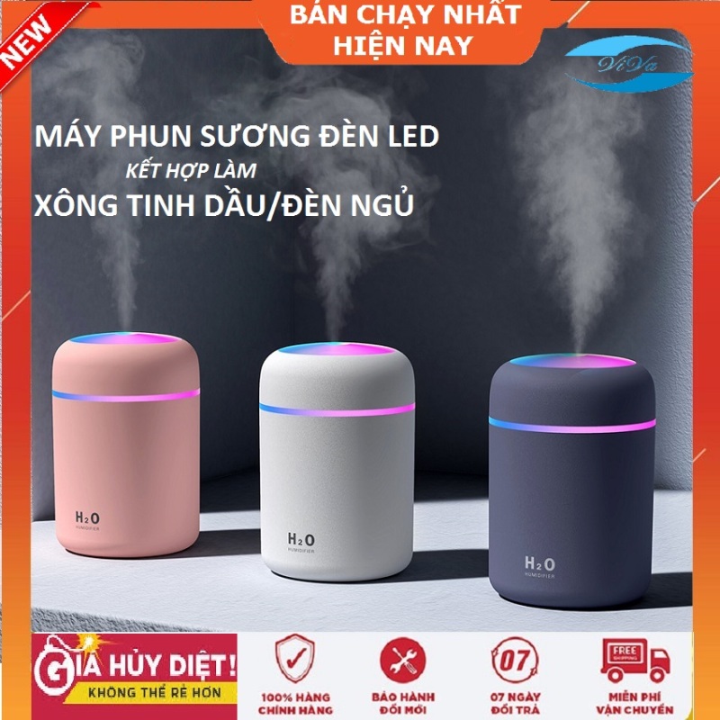 Máy phun sương mini tạo ẩm Kiêm máy xông tinh dầu, khuếch tán tinh dầu làm Đèn Ngủ, có đèn Led nhiều màu dùng sạc USB, phun sương tạo ẩm lọc không khí (Huongviva)