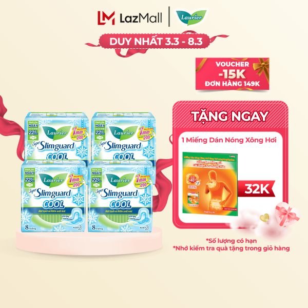 Combo 4 gói BVS Laurier Siêu Mỏng 1mm Mát lạnh 22.5cm 8 miếng