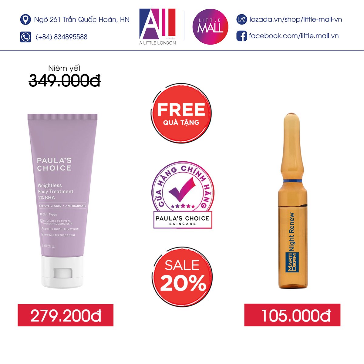 Kem dưỡng thể 2% BHA Paula's Choice weightless body treatment TẶNG Ampoule chống lão hóa Martiderm (Nhập khẩu)