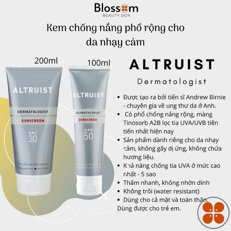 Kem chống nắng Altruist Dermatologist suncreen spf50 100ml | full 100ml spf50, chiết xuất từ các thành phần lành tính, an toàn cho da, cam kết hàng như mô tả nhập khẩu