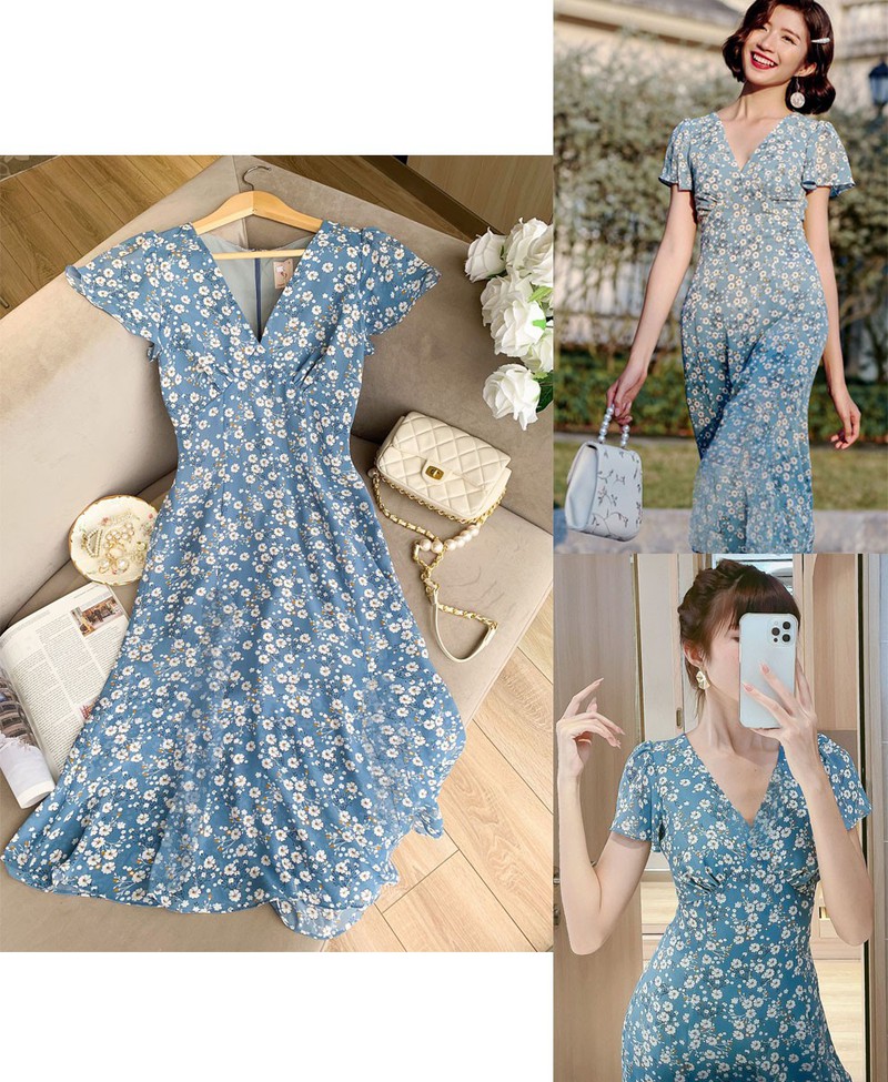 [HCM]ĐẦM MAXI HOA  CỔ TIM BLUE