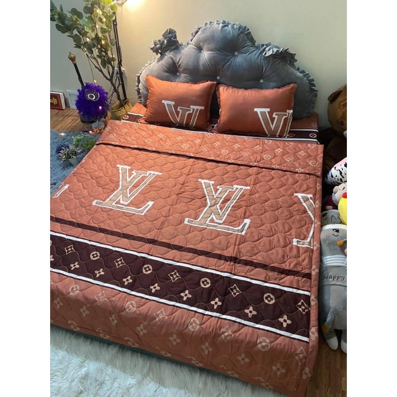 Trọn bộ chăn ga gối hè thu 5 món lv nâu